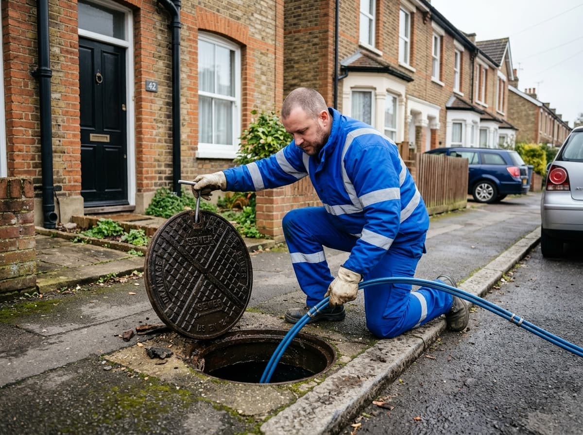 Engineer clearing a blocked household drain