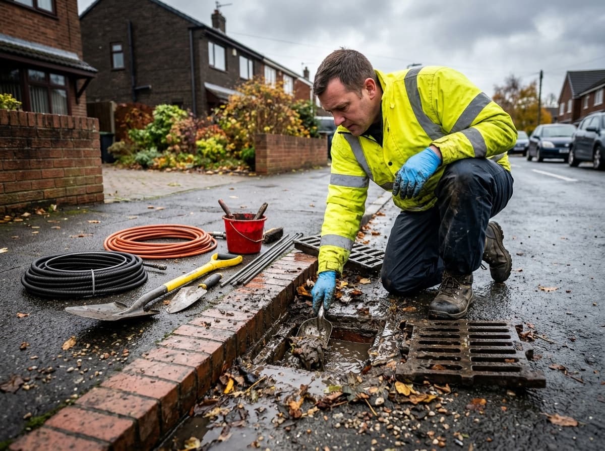 Open manhole chamber being cleared and inspected